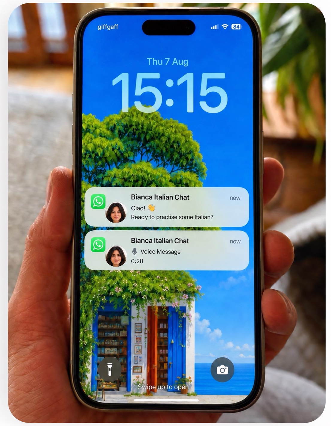 WhatsApp messages and a voice note from Bianca on a phone lock screen