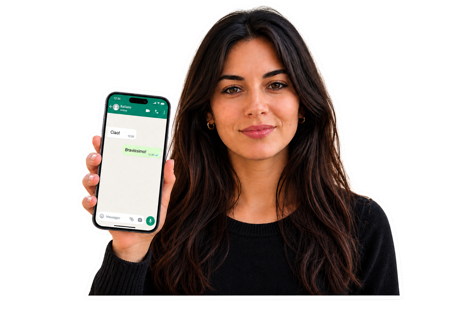 Bianca holding a phone with Italian Ciao and Bravissimo messages